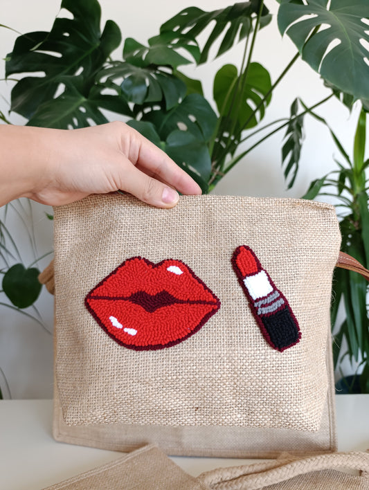 Handmade Punch Needle Clutch – Red Lip & Lipstick Design | Water-Resistant & Stylish