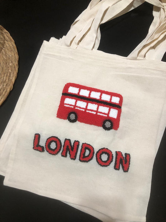 HANDMADE PUNCH NEEDLE TOTE BAG - LONDON BUS