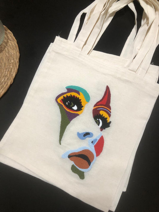 HANDMADE PUNCH NEEDLE TOTE BAG - WOMAN FACE