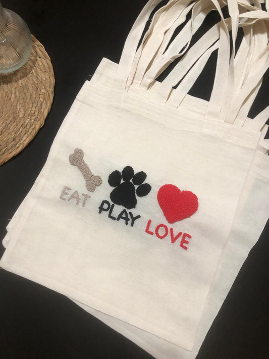 HANDMADE PUNCH NEEDLE TOTE BAG - EAT PLAY LOVE